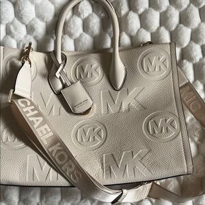 Michael Kors Pale Cream Embossed MK Tote with Logo Strap